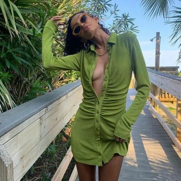 With Jean Andy Mini Green Shirt Dress Long Sleeve Size XS - Picture 1 of 15